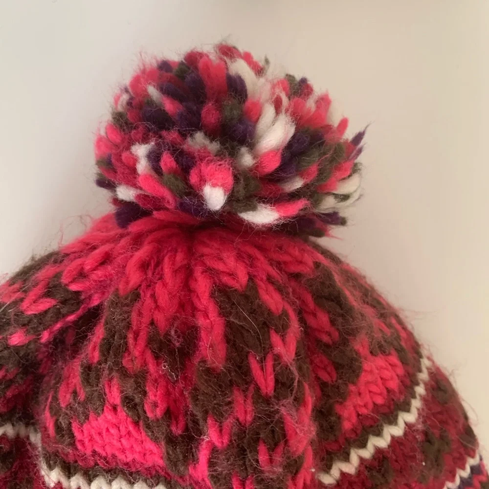 Knit Fleece Lined Hat Youth Size 4-7 Pink Brown White Ear Flap Pom Pom Tassels